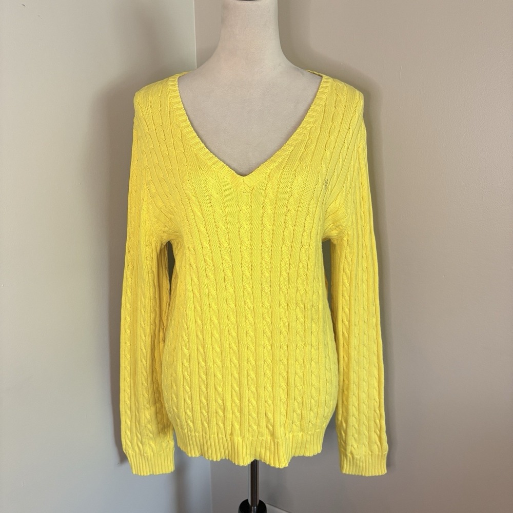 Lauren Ralph Lauren Yellow Cable Knit V-Neck Sweater Women's XL LRL Logo Cotton